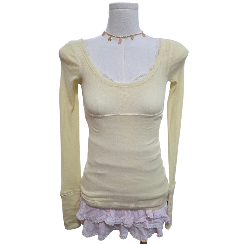 Abercrombie Vintage Babydoll NWT Light Yellow Long Sleeve Ribbed Top - Picture 1 of 4